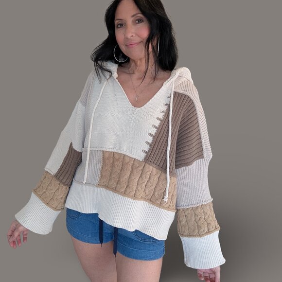 POL Tan Tones Block Knit Hooded Sweater - Small - Picture 3 of 13